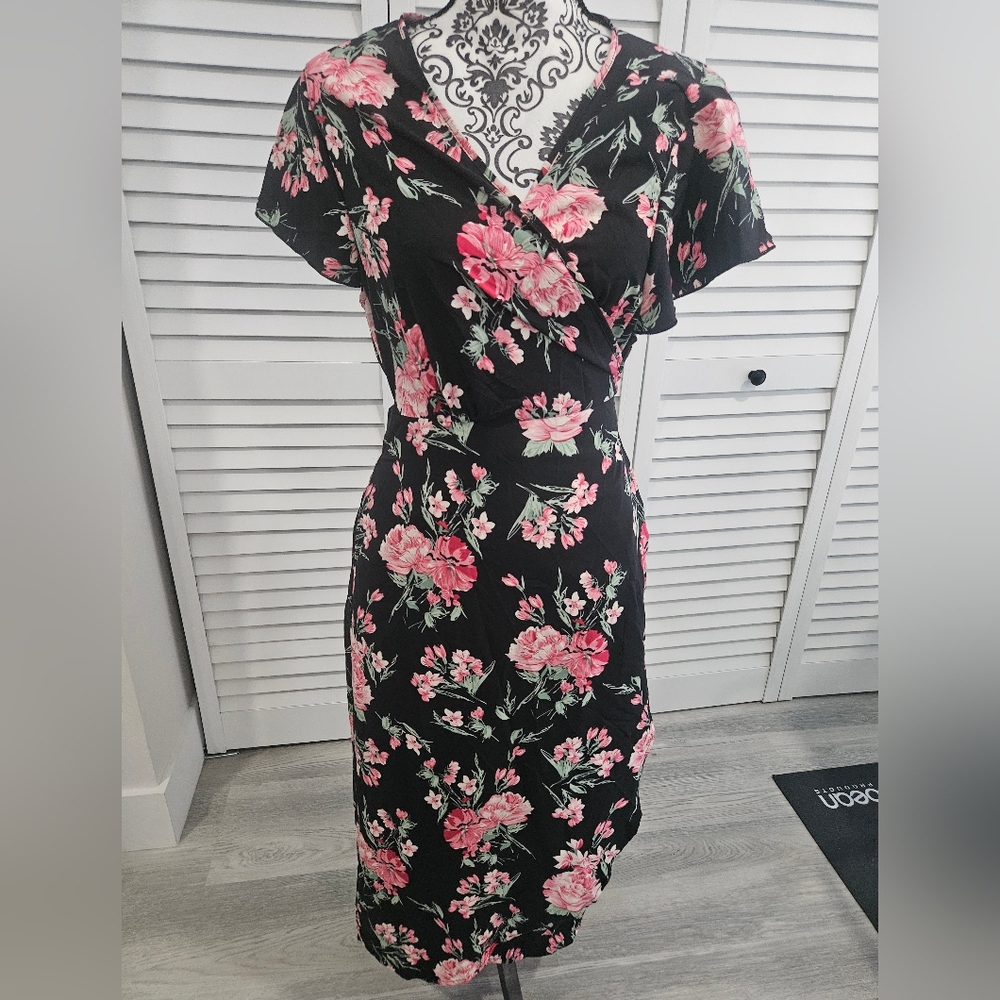 BloomChic Black Floral Wrap Dress with Pink Blooms